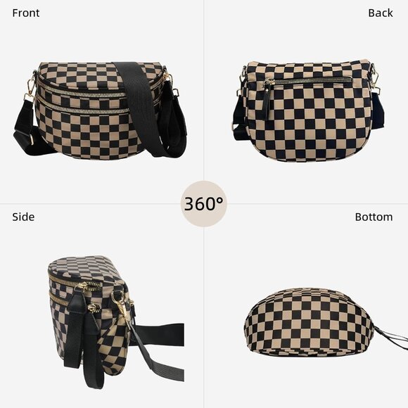 Checkered Nylon Crossbody Bag for Women Large Fanny Pack with Multiple Compartme - Picture 5 of 6